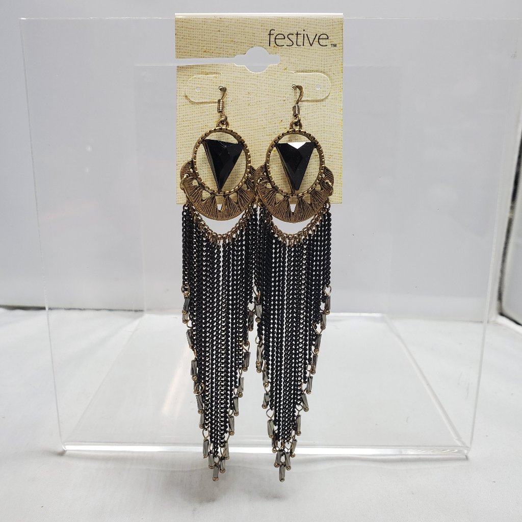 Festive Bohemian Fashion Black Gold Tassel Fish Hook Earring 15$